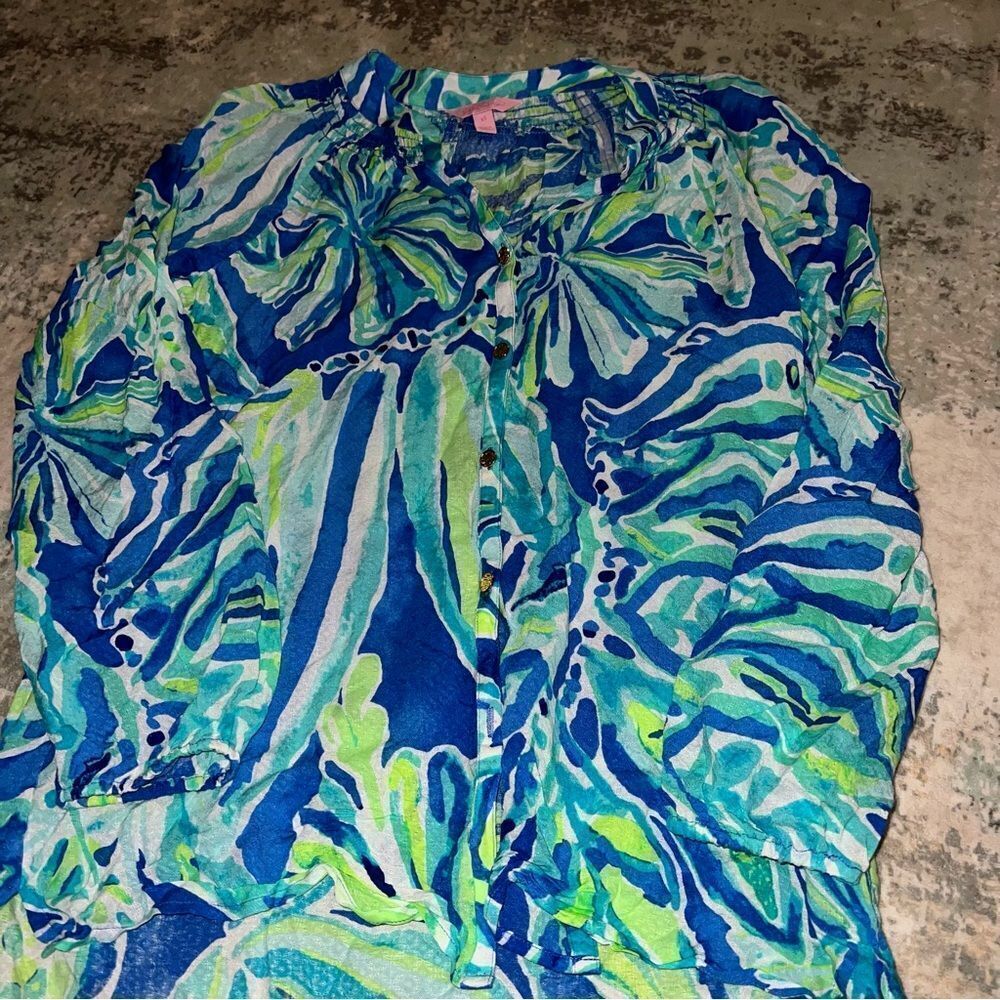 Lily Pulitzer Vibrant Blue and Green Patterned Blouse